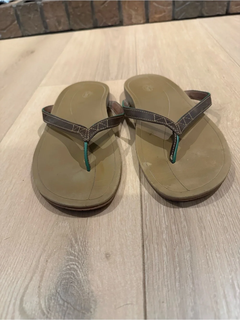 Chaco Biza Women's Leather Flip Flops - Brown & Turquoise Trim Thong Sandals